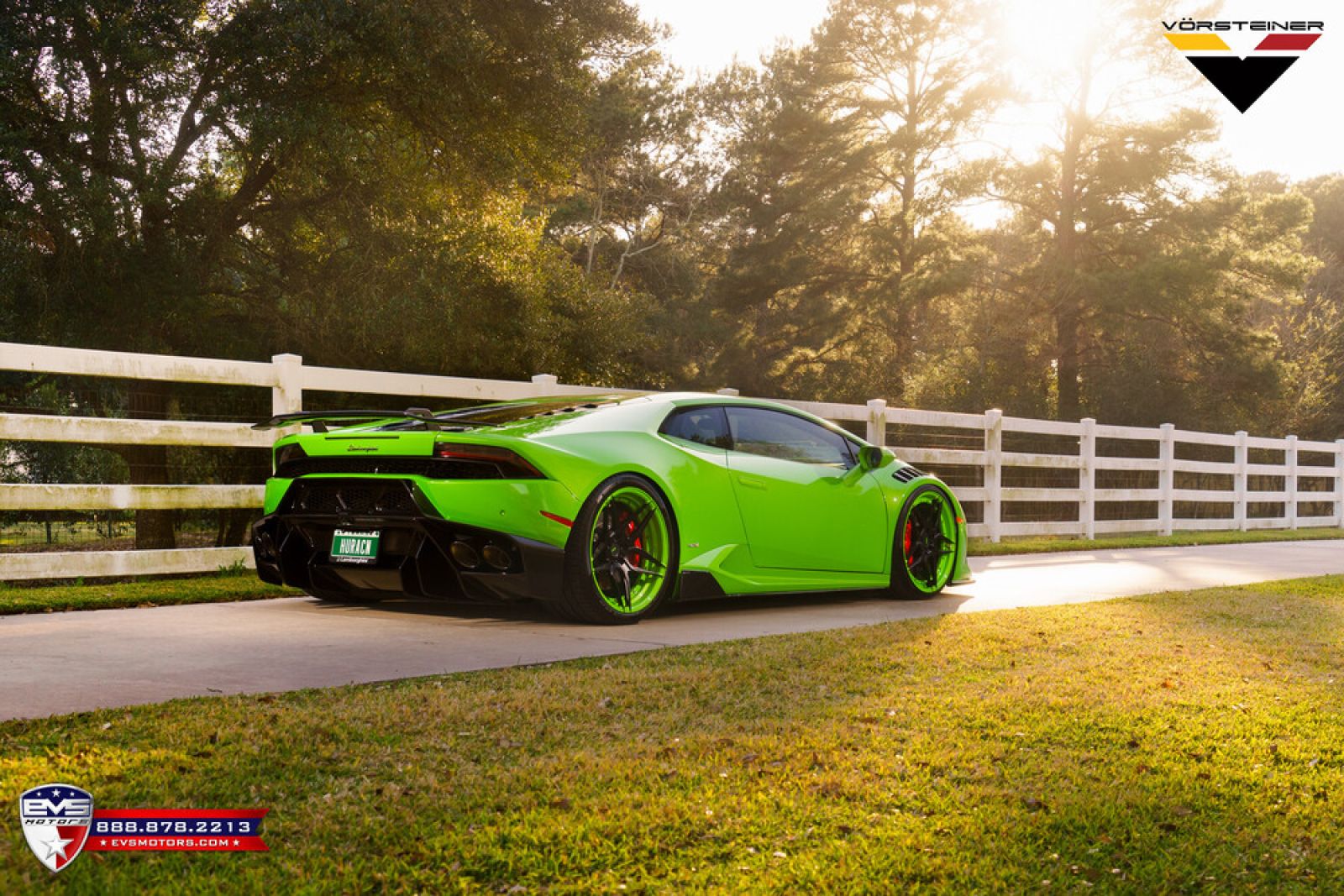 Vorsteiner aero kit for green Lamborghini Huracan, angled rear view