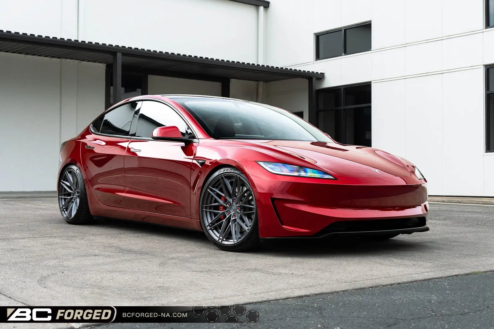 Red Tesla Model 3 Performance on BC Forged HCA675 2-piece wheels