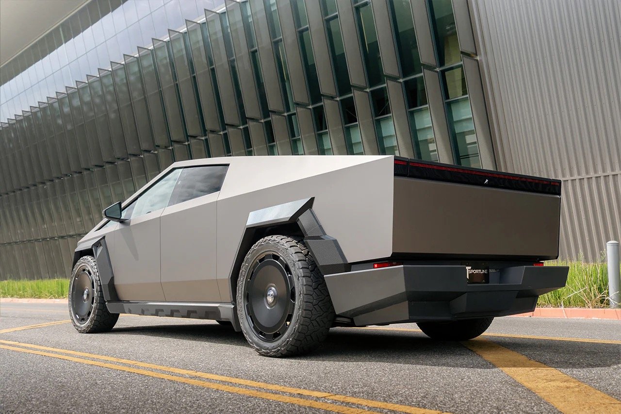 Matte grey Cybertruck rear with T Sportline plate frame