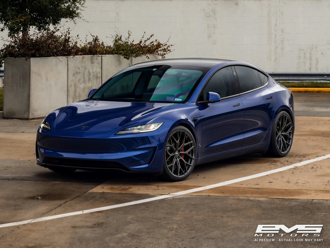 AI preview from the EVS visualizer: a Tesla Model 3 shown with Vossen HF-2 wheels and an Inozetek Metallic Midnight Blue wrap