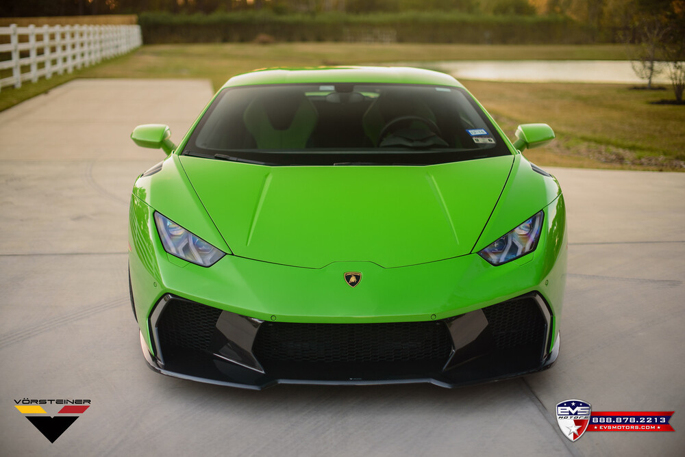 Vorsteiner aero kit for green Lamborghini Huracan, front view