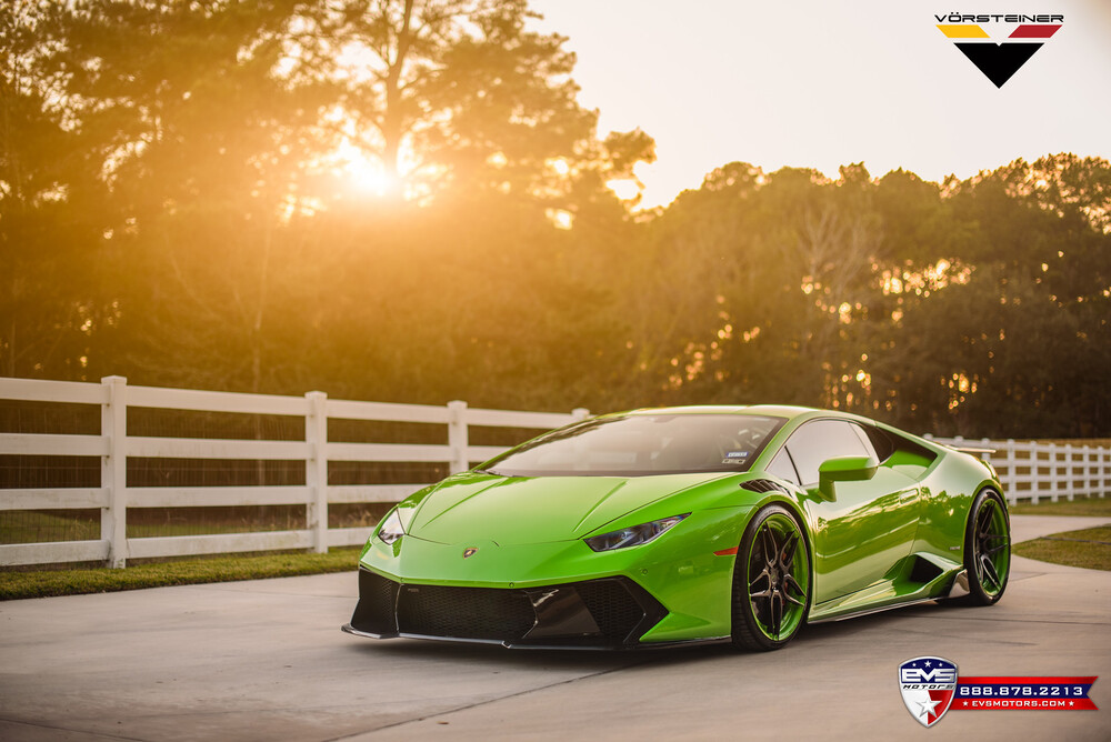 Vorsteiner aero kit for green Lamborghini Huracan, front angled view